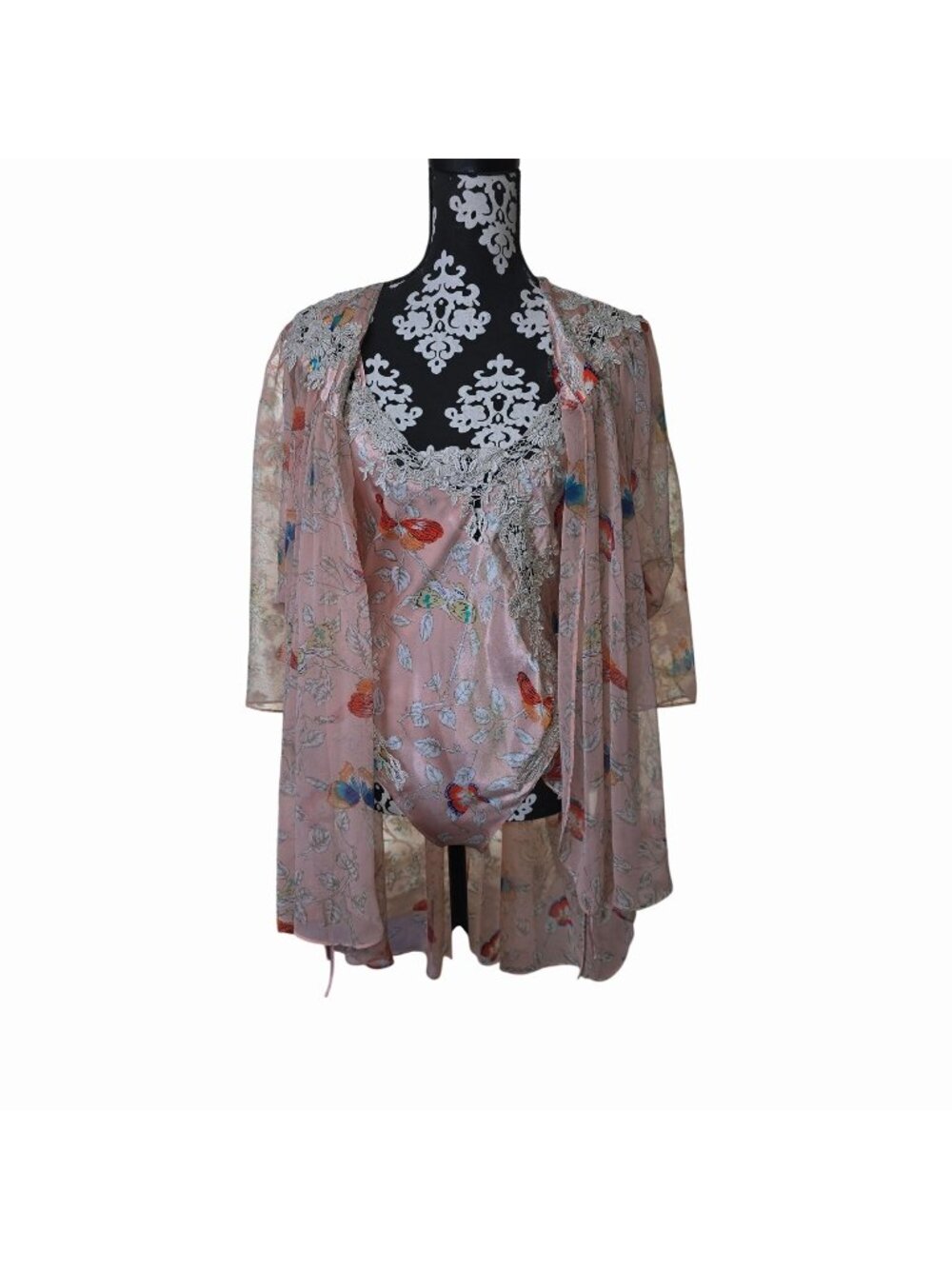 Vtg Victorias Secret Small Floral Satin Bodysuit Sheer Kimono Set Pink Lingerie